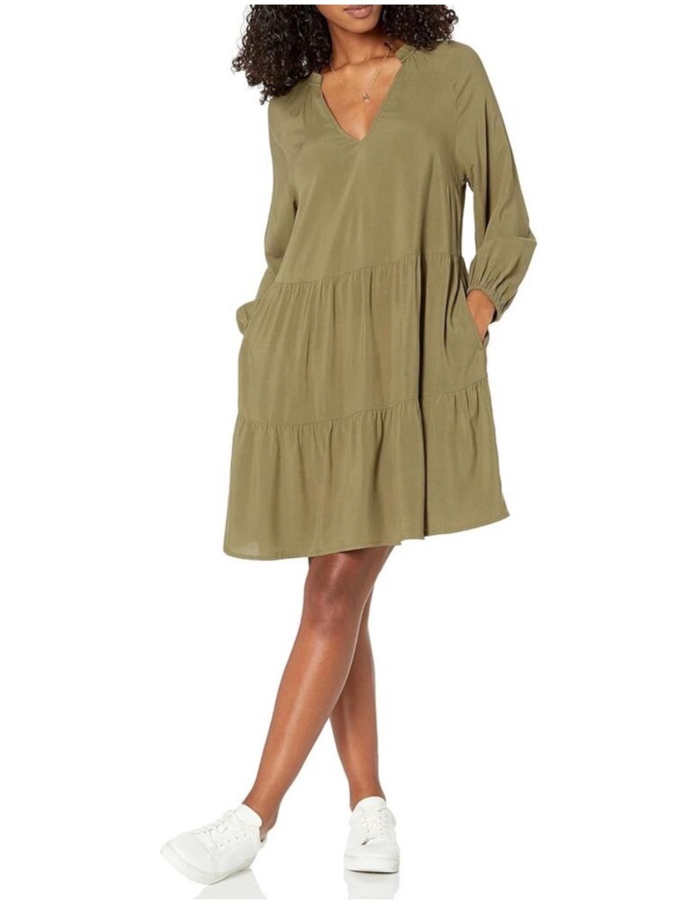 The Drop by Carolyn Mirand Olive Green Tiered Mini Dress NWT Large